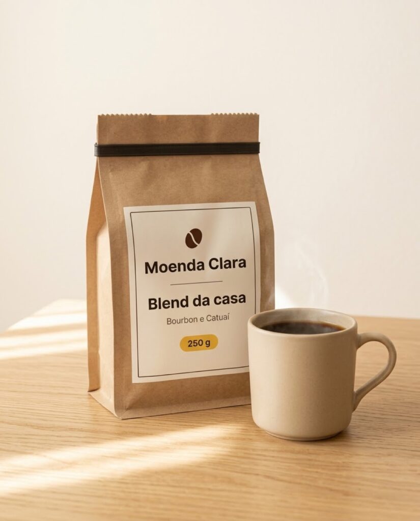 Xícara de café coado sobre mesa de madeira clara, luz da manhã